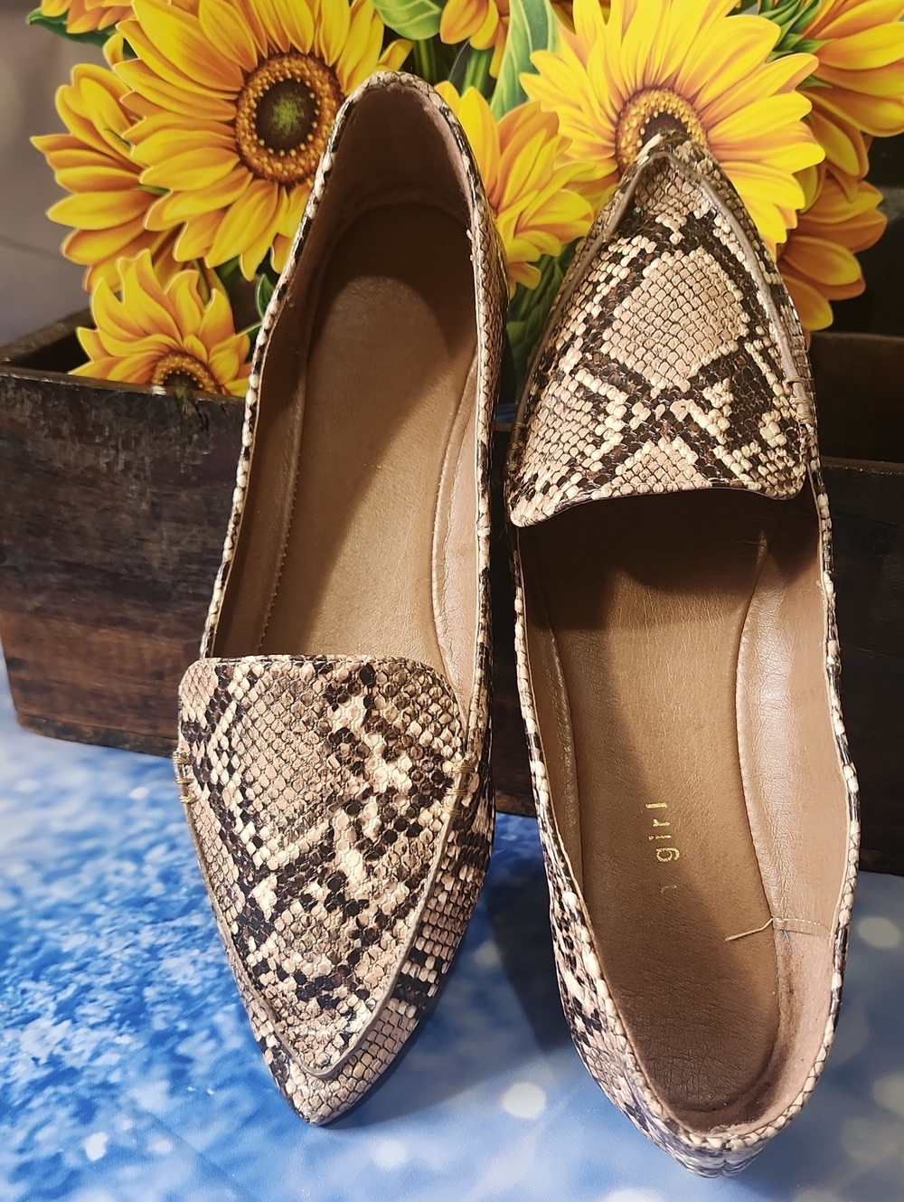 Madden Girl Pointed Snake-Print Flats in Neutral Brown